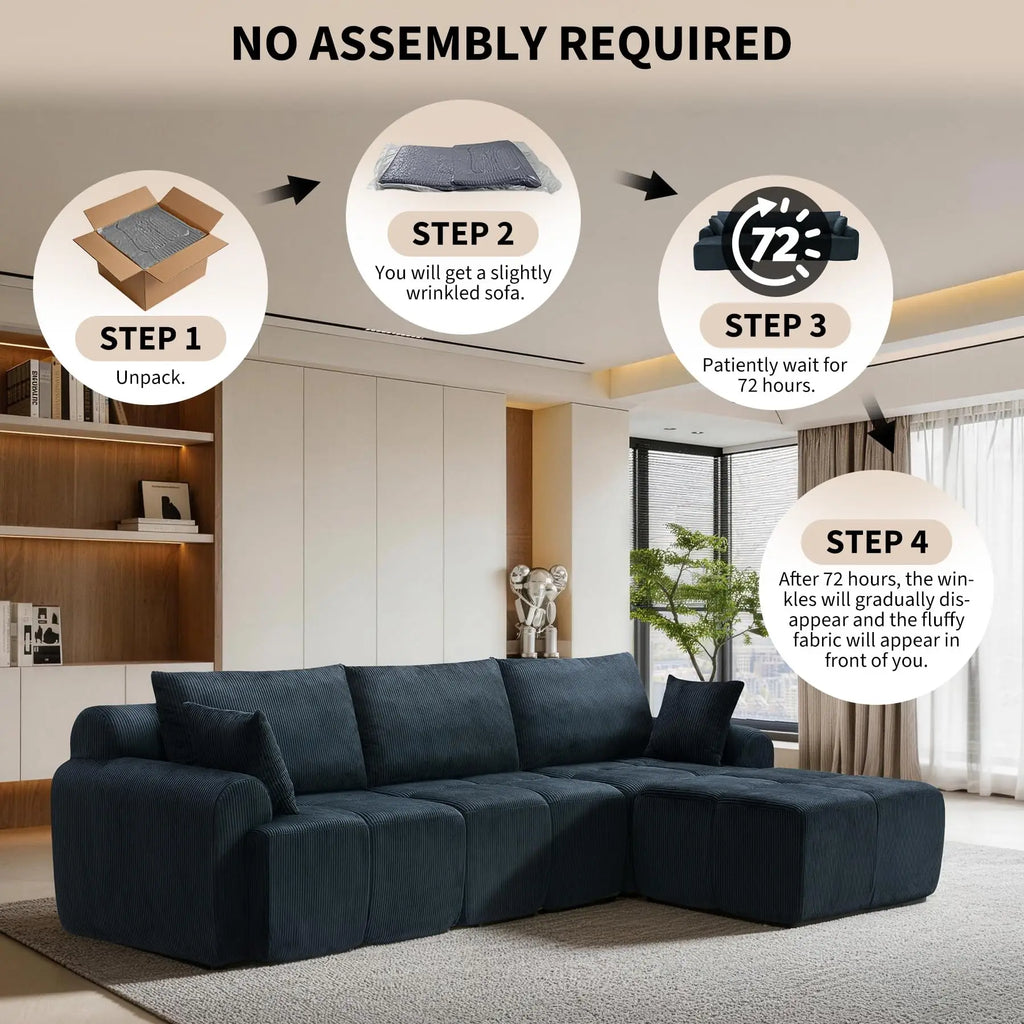 118'' Corduroy Modular Sofa, Deep Seat Compression Couch With Memory Foam