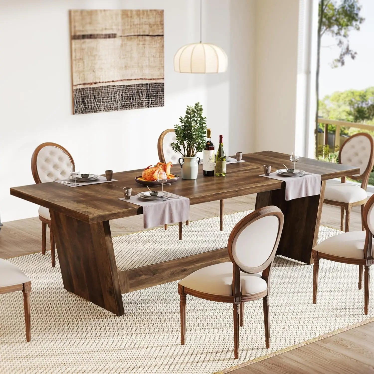 Rectangular Farmhouse Kitchen Table with Solid Pedestal