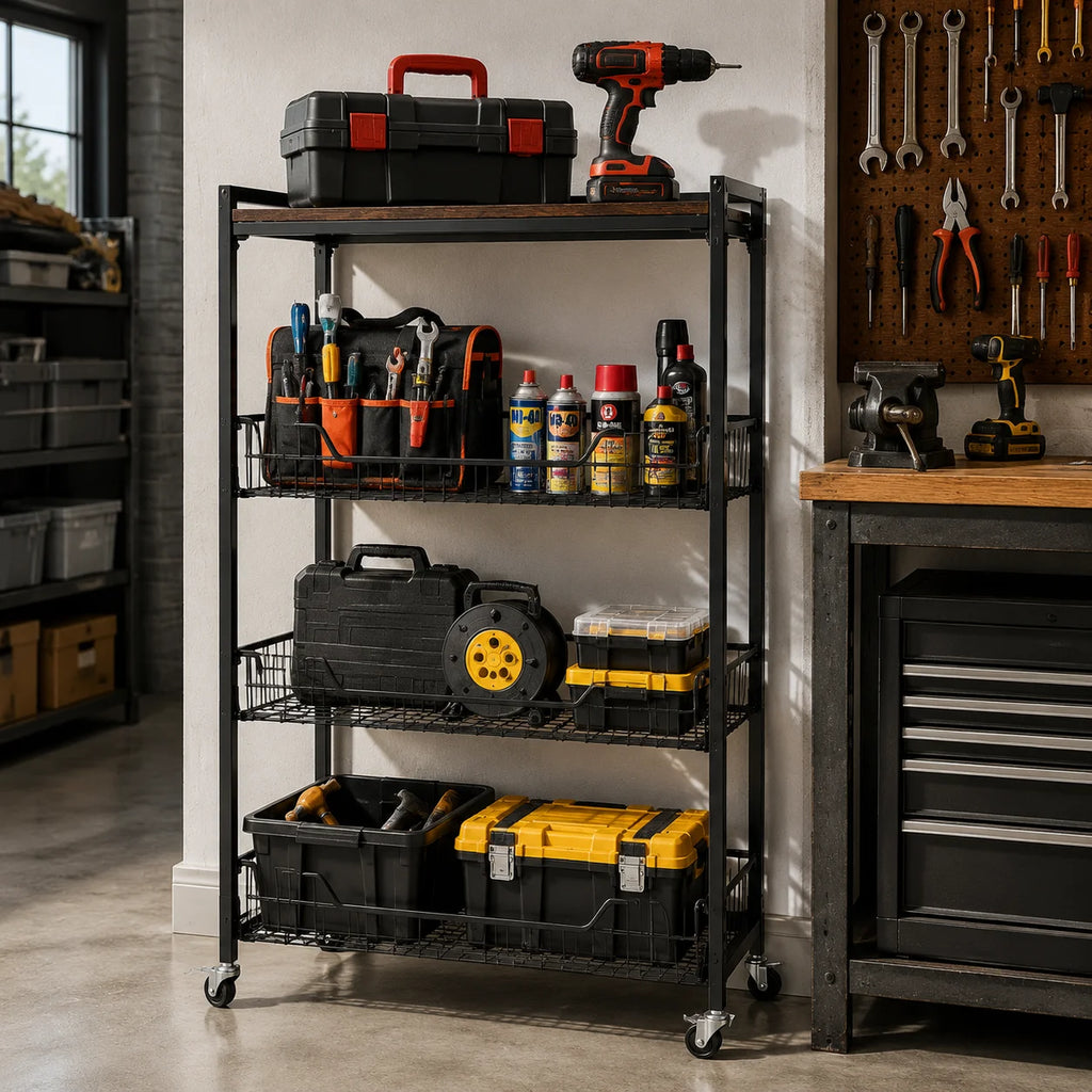 Large 4-Tier Foldable Storage Cart with Lockable Casters, 100 lbs. Capacity Expandable Kitchen Organizer