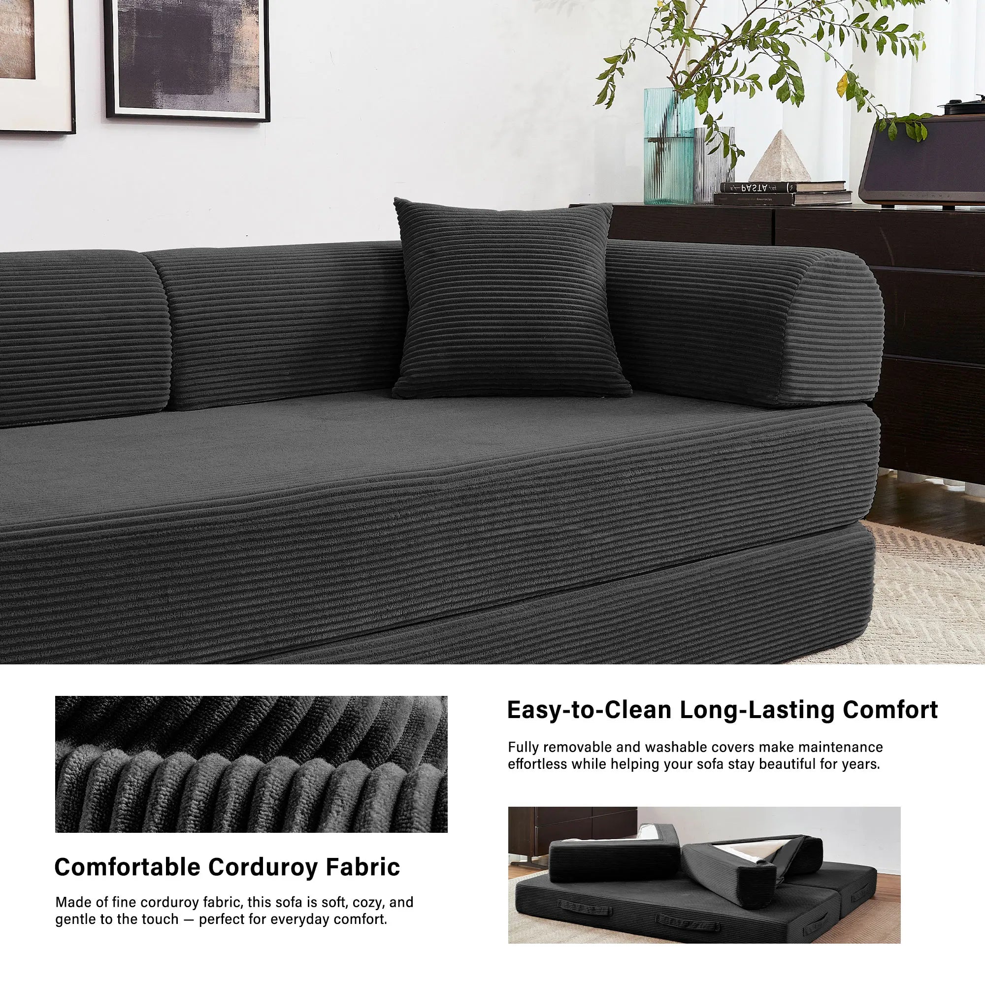 79'' Boneless Couch Convertible Futon Sleeper Sofa with L-Shaped Armrests