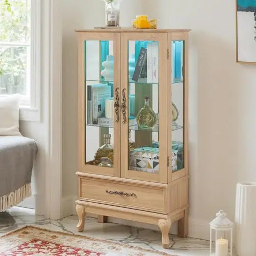 52" Lighted Accent Curio Cabinet, 3-Tier Antique Storage Cabinet with Tempered Glass Adjustable Shelves & Drawer