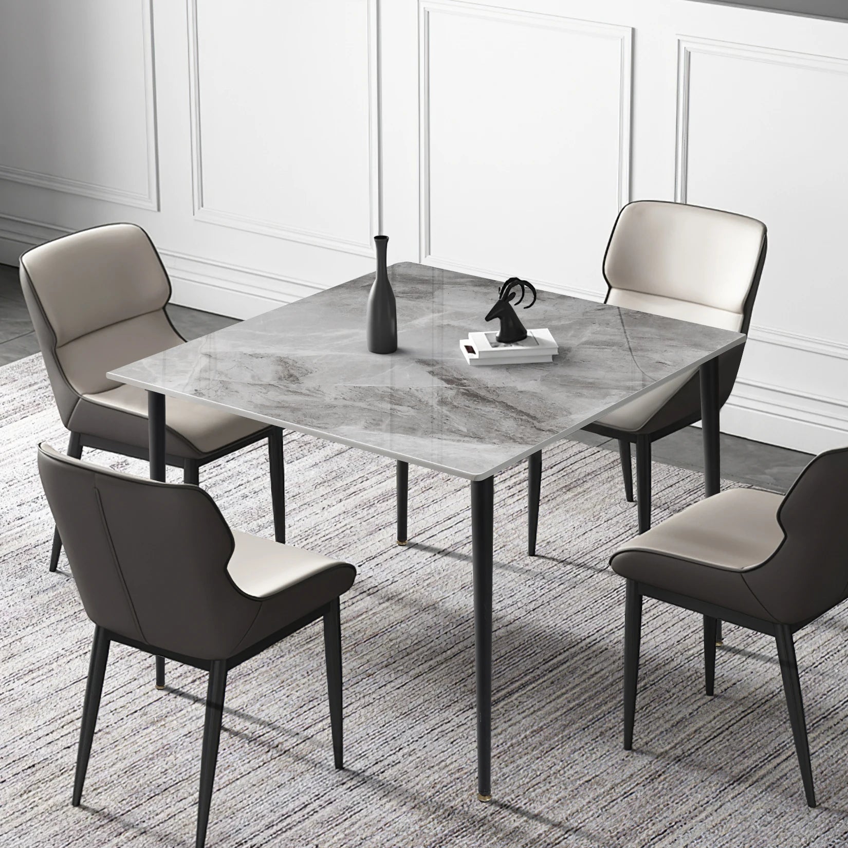 Mid-Century Stone and Marble Dining Table with Metal Legs for 4 People