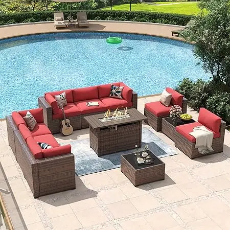 8 Piece Wicker Ratton Outdoor Sectional Patio Furniture Set with 44” Fire Pit Table