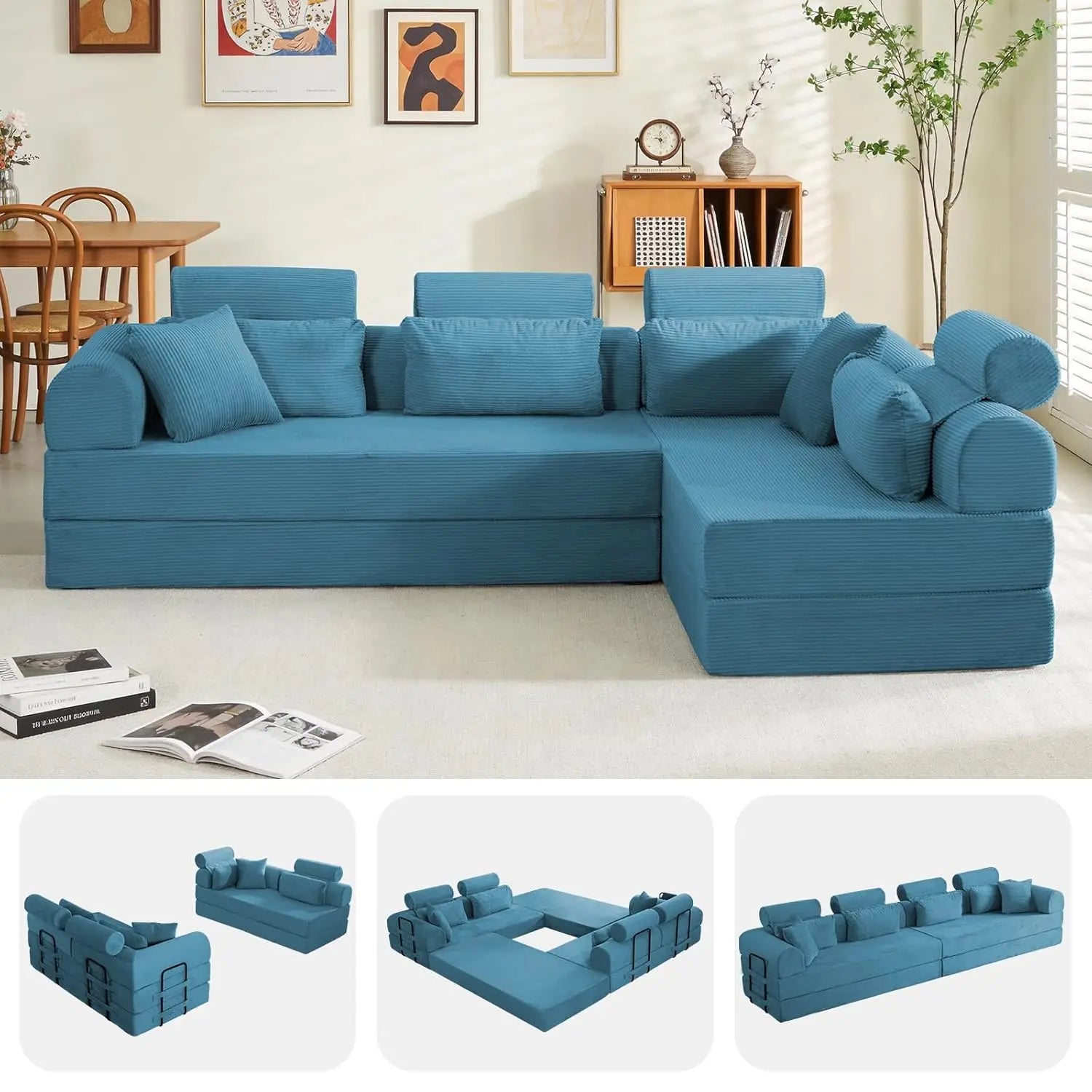 Corduroy L-Shaped Sofa with Right Facing Chaise, Boneless Couches