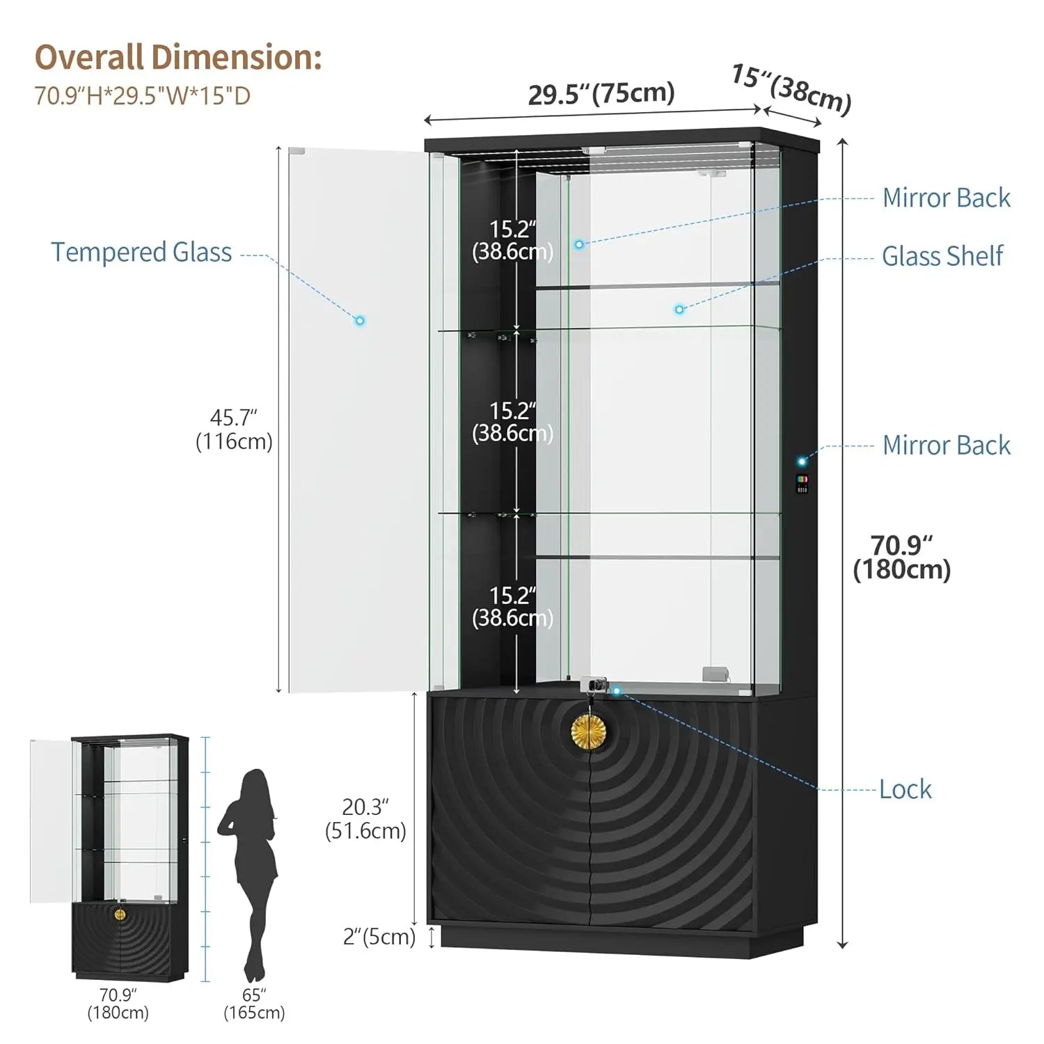 71'' Display Cabinet with Glass Doors,4-Tier Curio Cabinet with 3-Color Lights for Collectibles,Lockable Glass Display, Custom