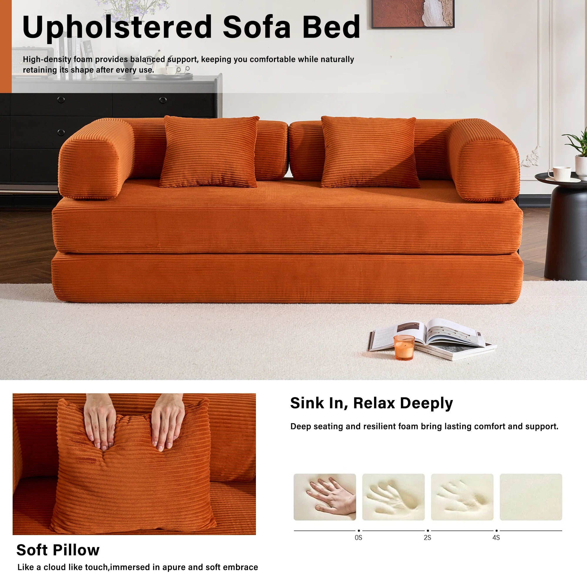 79" Corduroy Convertible Sleeper Couch with High Rebound Foam Folding Sofa Bed, Orange
