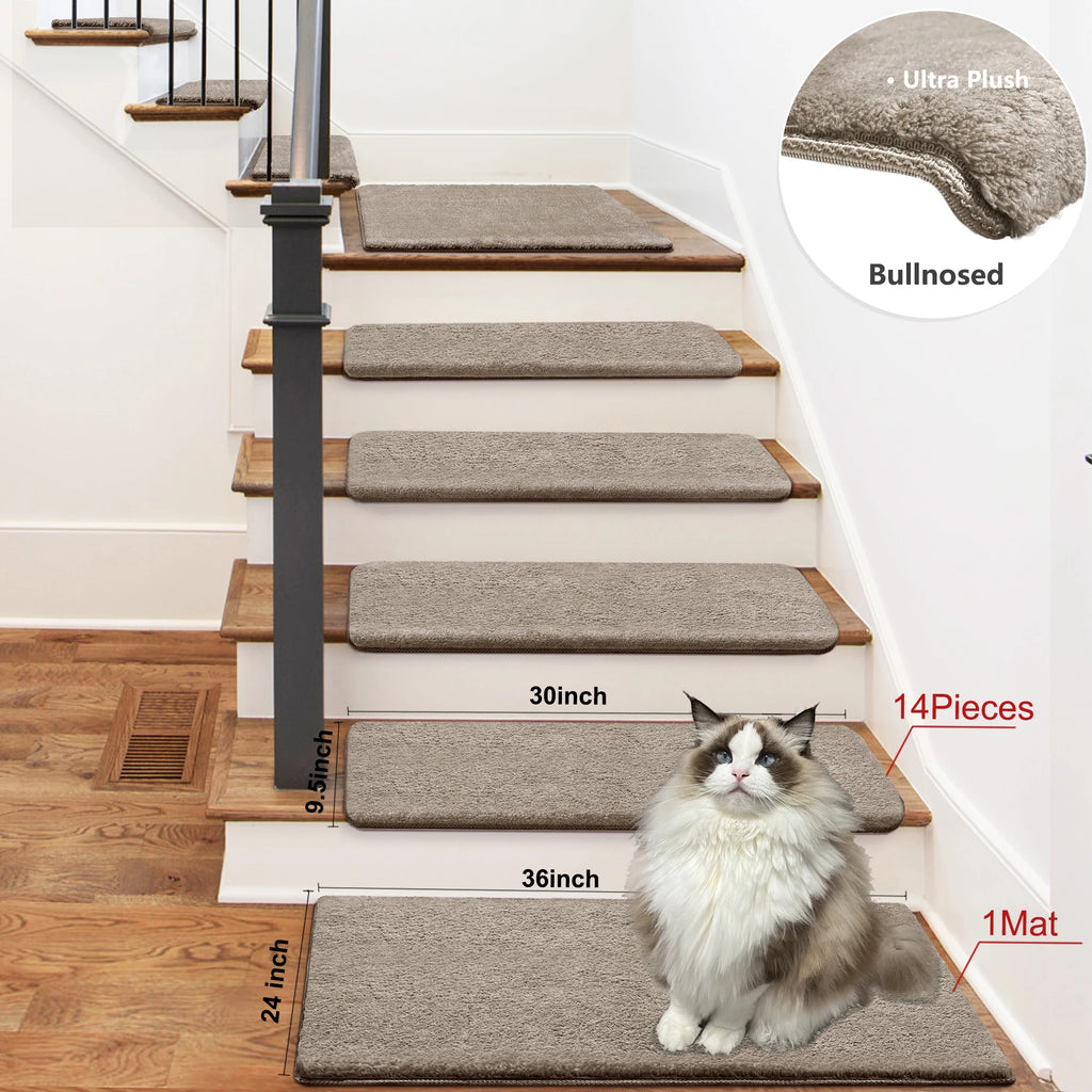 Bullnose Self-Adhesive Mats Non-Slip Stair Treads Ultra Plush Washable Decor
