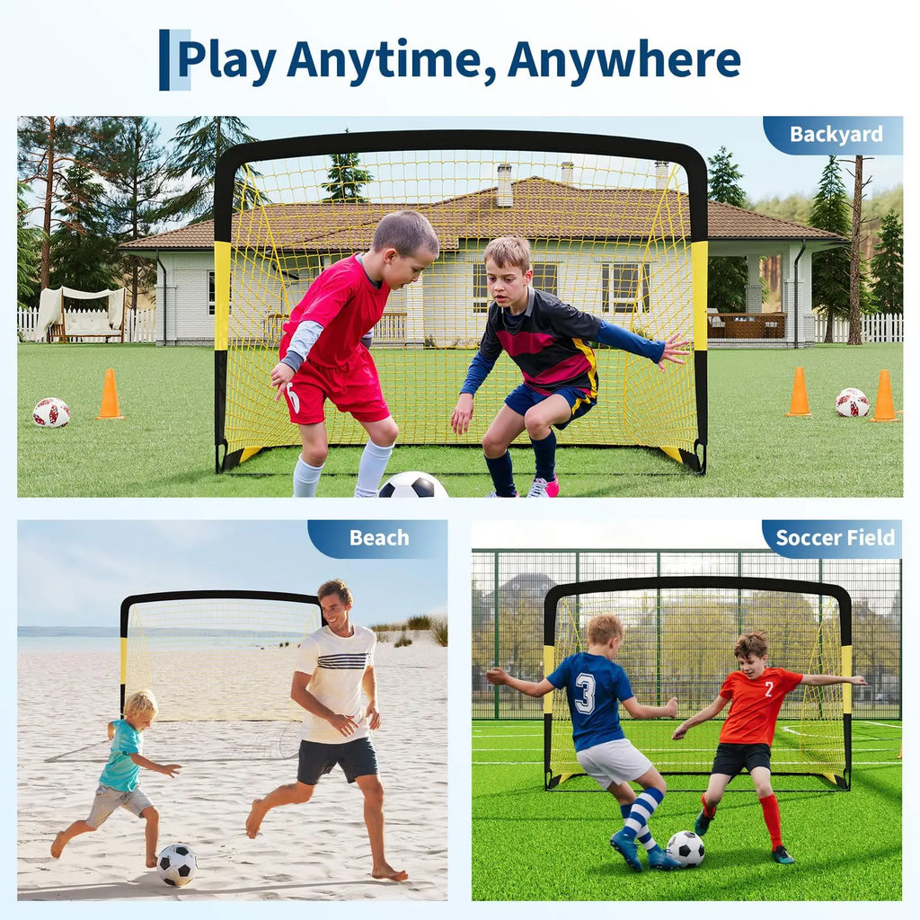 Pop Up Soccer Goal Set of 2 Backyard Net Portable with Ball Cones and Pump