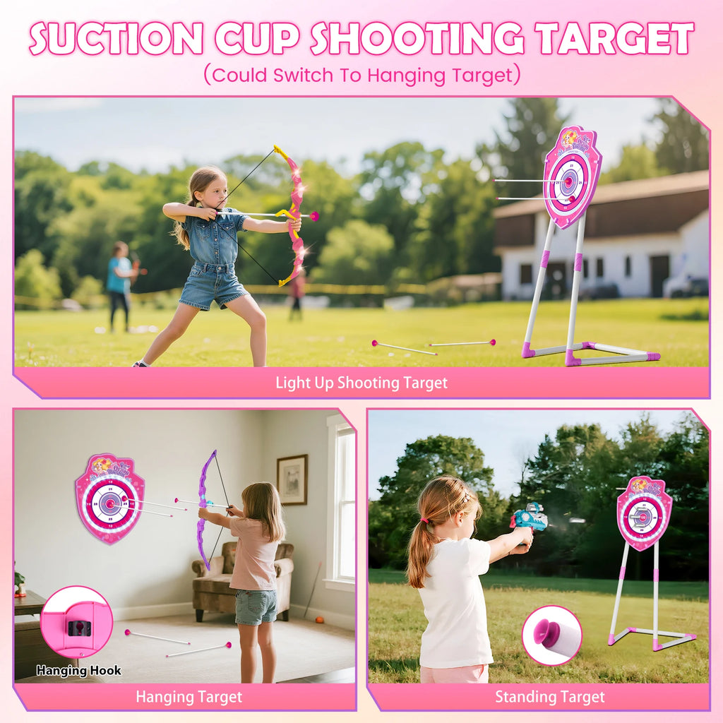 VATOS Night Light Bow & Arrow, Guns, and Archery Stand Target Board. Indoor and Outdoor Game for Girls