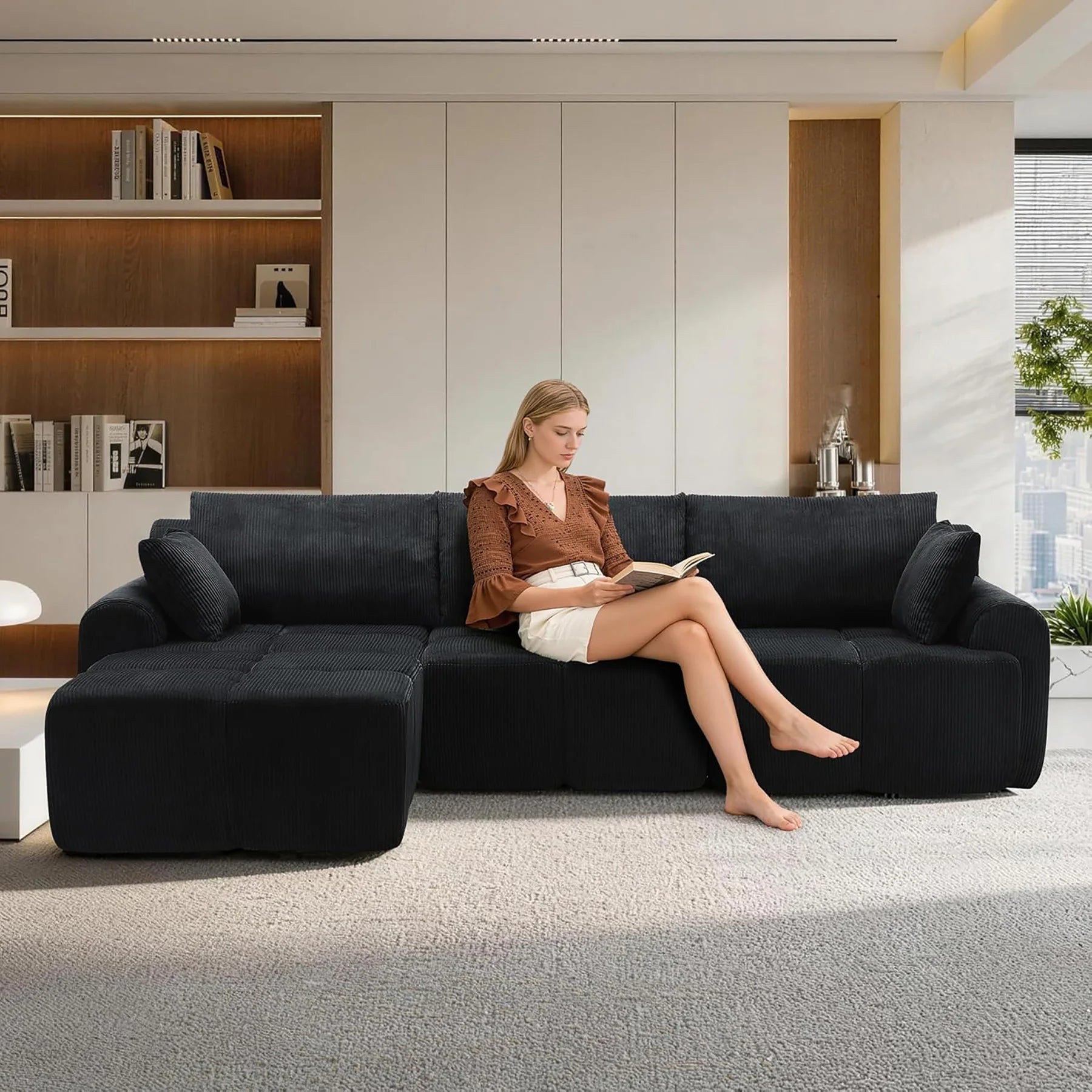 118'' Corduroy Modular Sofa, Deep Seat Compression Couch With Memory Foam