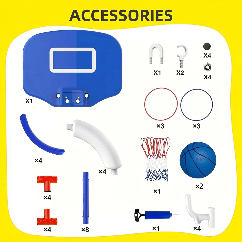 Floating Pool Basketball Hoop Set 2-in-1 Pool Game with Backboard & Ring Toss, Stable Anti-Tip Base, 2 Balls, Rings & Pump