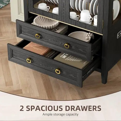 71" Curio Cabinet 4 Tier Shelving with LED Lights, Glass Doors and Drawers