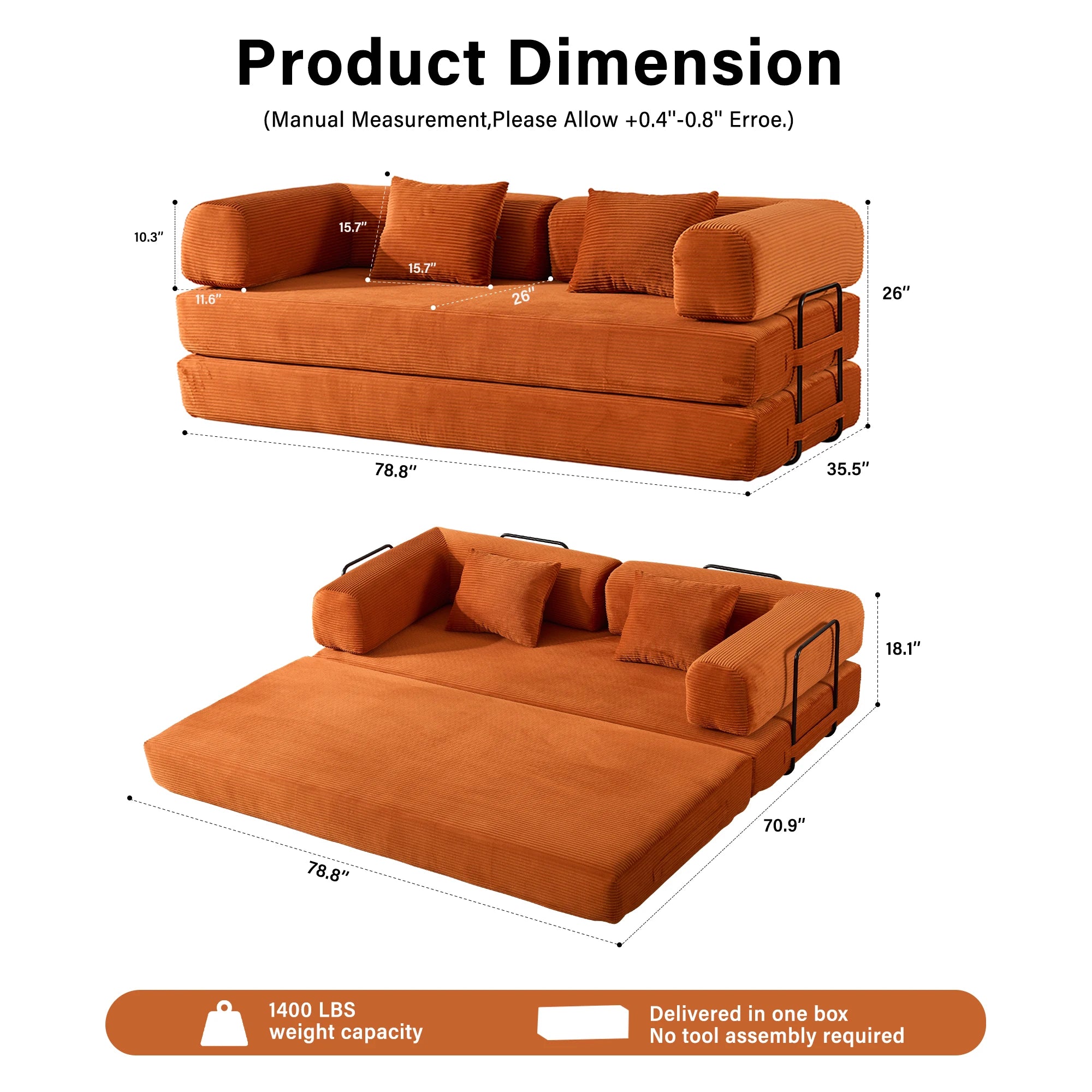 79" Corduroy Convertible Sleeper Couch with High Rebound Foam Folding Sofa Bed, Orange