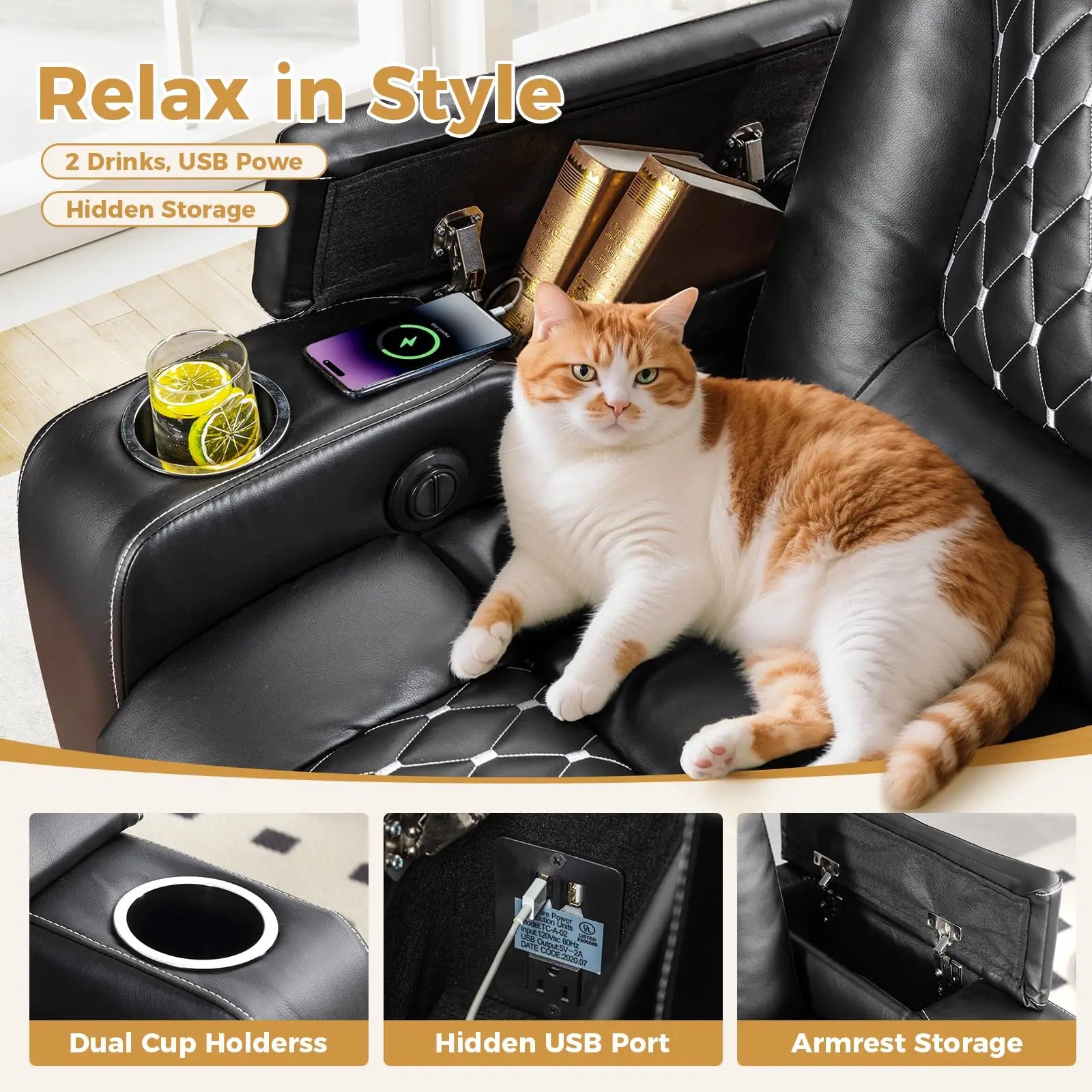 Faux Leather Electric Power Recliner Chair with USB Ports, Dual Cup Holders & Storage