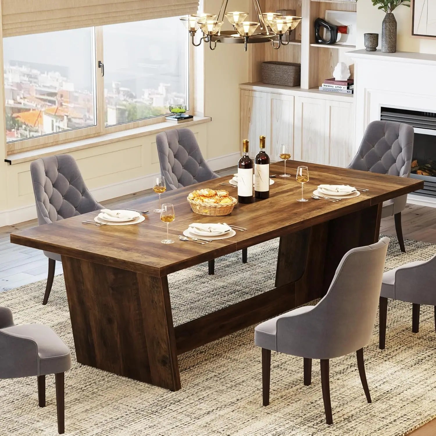 Rectangular Farmhouse Kitchen Table with Solid Pedestal
