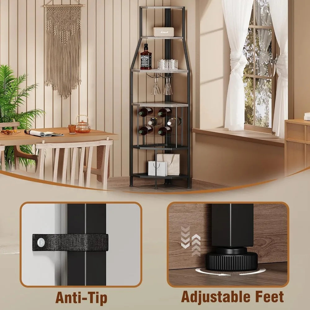 5-Tier Corner Wine Rack with Glass Holder