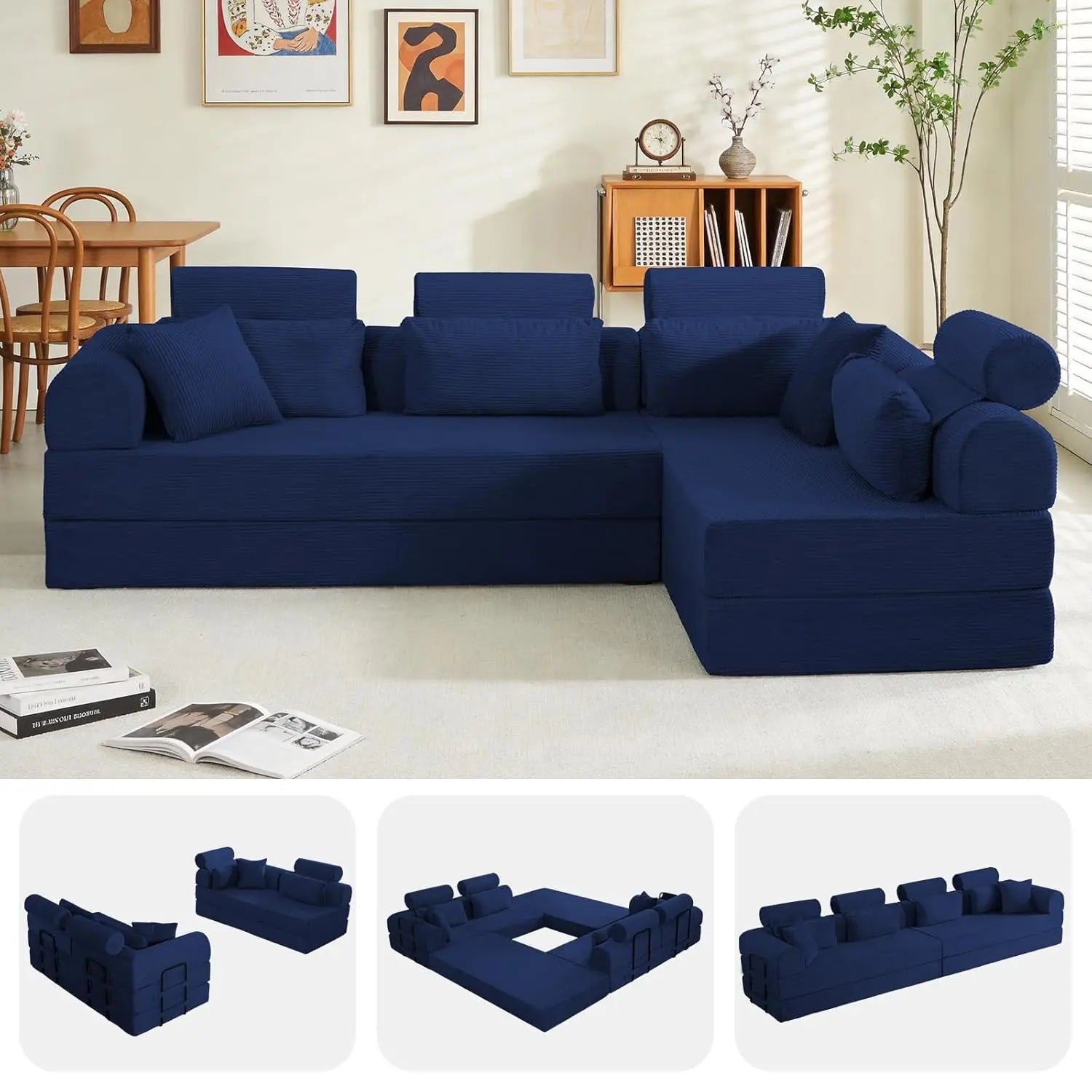 Corduroy L-Shaped Sofa with Right Facing Chaise, Boneless Couches