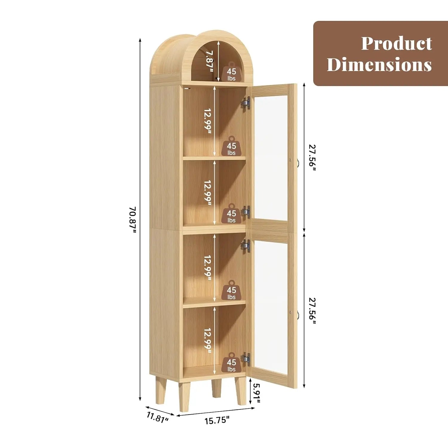 71" Tall Arched Cabinet with Acrylic Door, Modern Curio Arched Bookcase with Drawer, Display Cabinet Organizer
