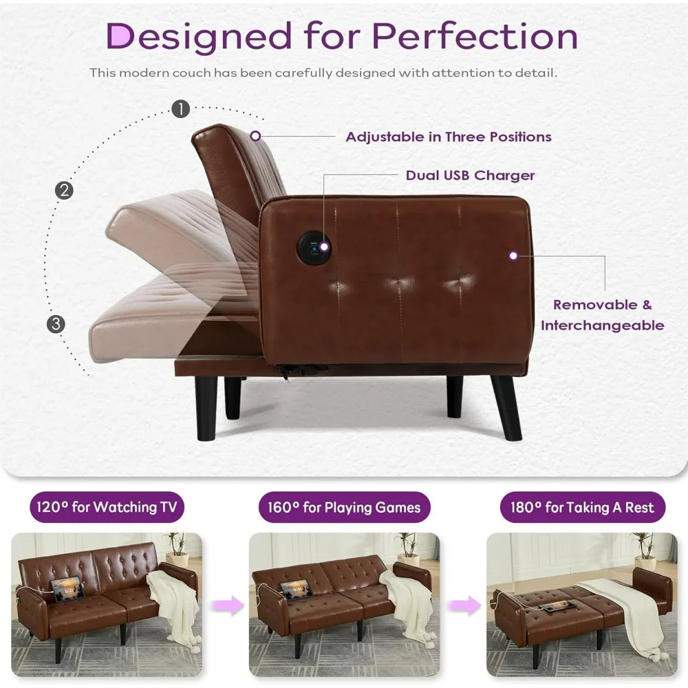 TYBOATLE Brown Faux Leather Futon Sofa Bed Convertible Sleeper Loveseat 2 USB Ports