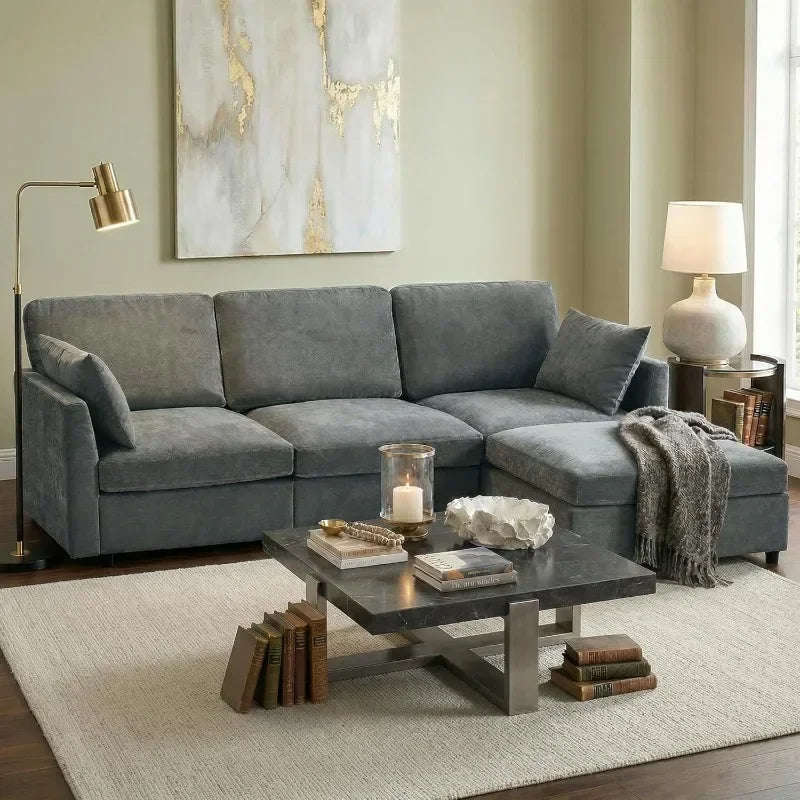 Iroomy  Modern Chenille 4 Setter Sectional, L Shaped Convertible Sofa with Ottoman