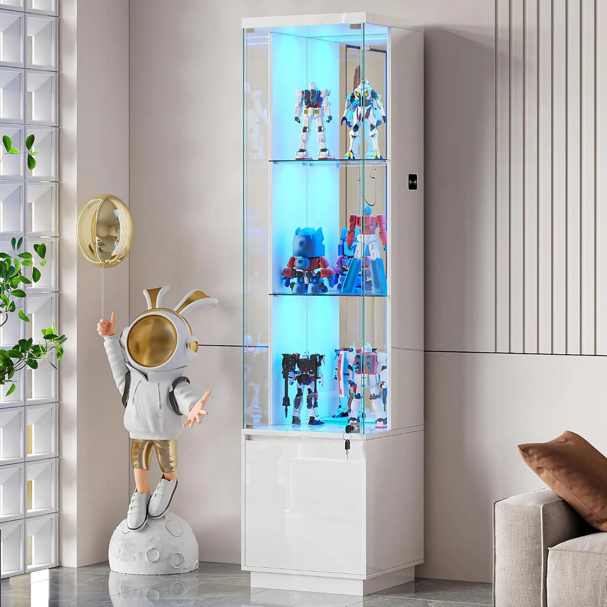 71'' Display Cabinet with Glass Doors,4-Tier Curio Cabinet with 3-Color Lights for Collectibles,Lockable Glass Display, Custom