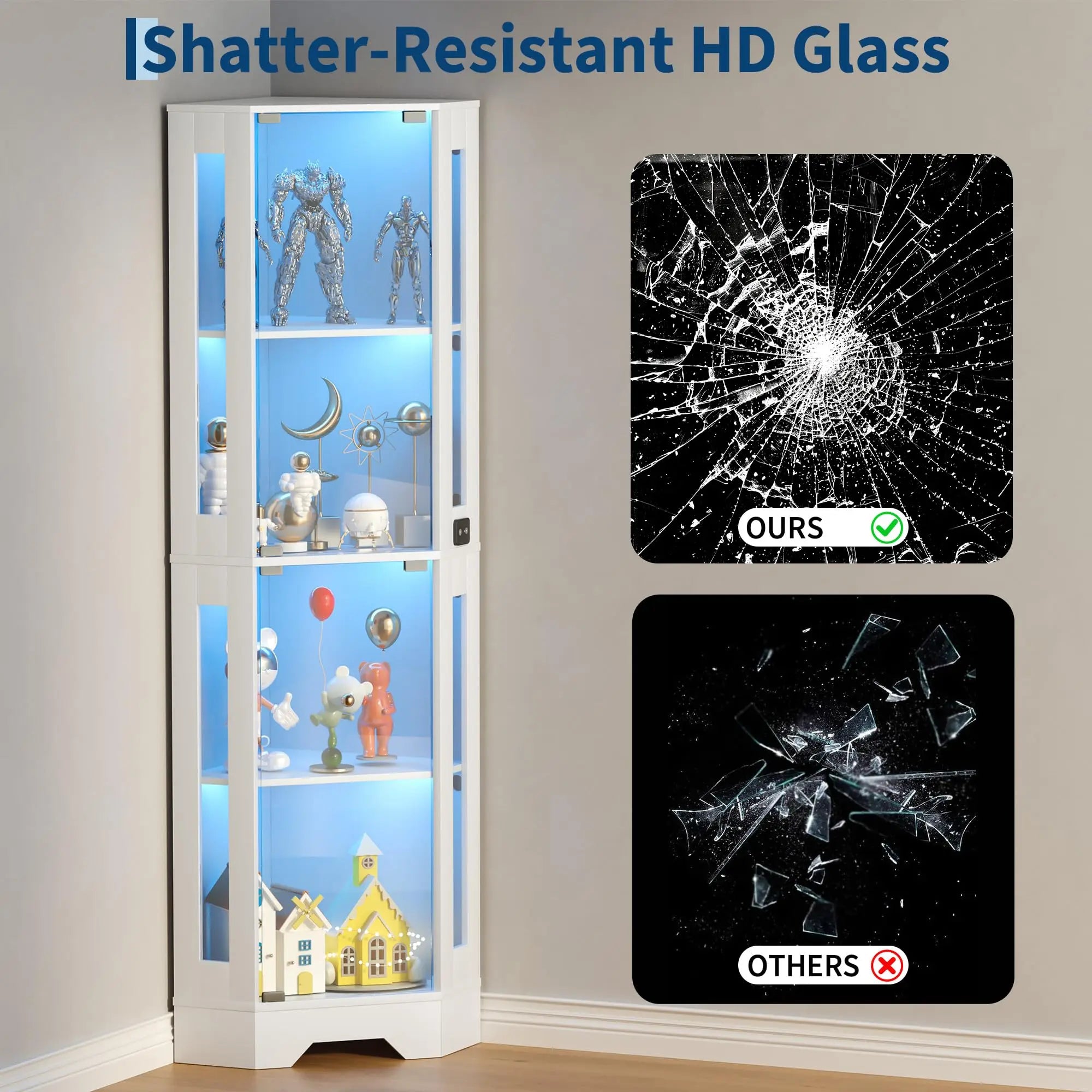 Corner Curio Showcase with 4 Tiers Shelves, 3 Color LED Lighting with Smart Motion Detector