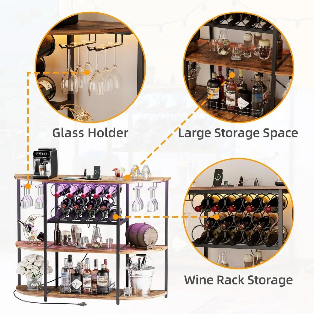 Liquor Cabinet with Glass & Wine Racks, Multi Color LED Light and USD Port