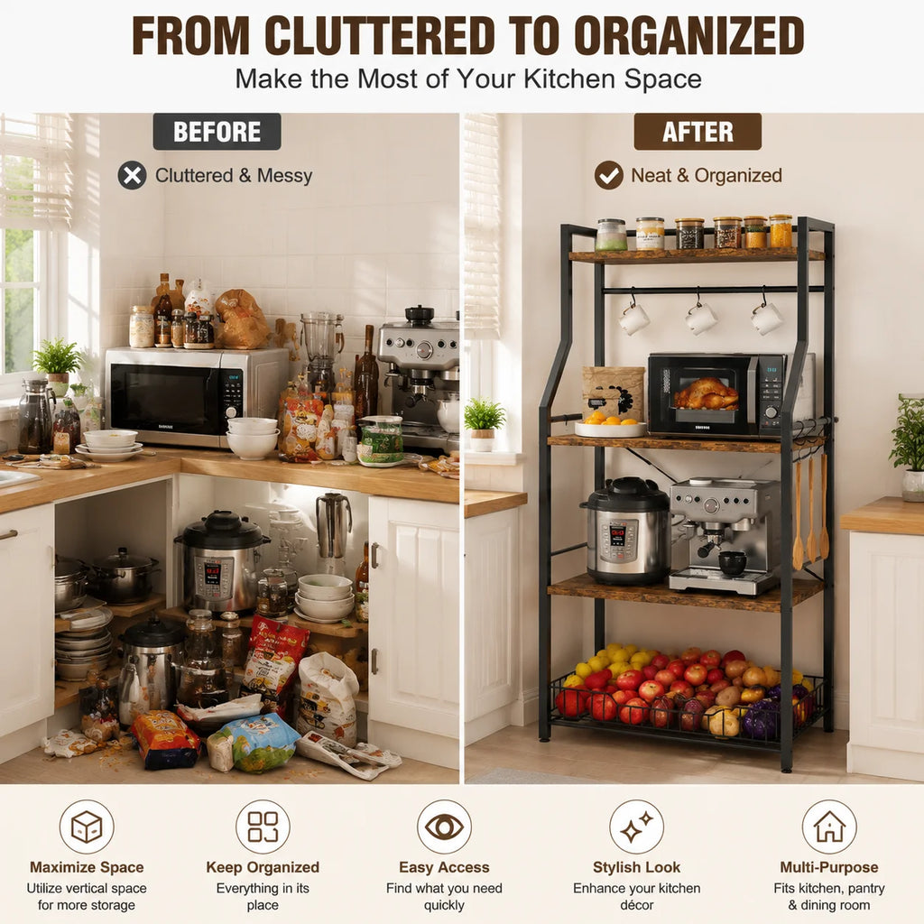 4 Tier Kitchen Bakers Rack, Microwave Stand, and Storage Shelf with Wire Basket 8 Hooks