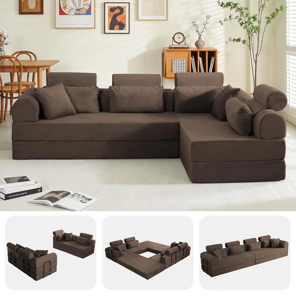 Corduroy L-Shaped Sofa with Right Facing Chaise, Boneless Couches
