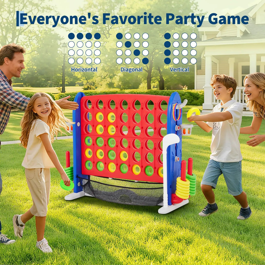Adjustable Height Giant 4-in-1 Jumbo Connect Four with Basketball, Ring Toss, and Golf with Red Storage Bag