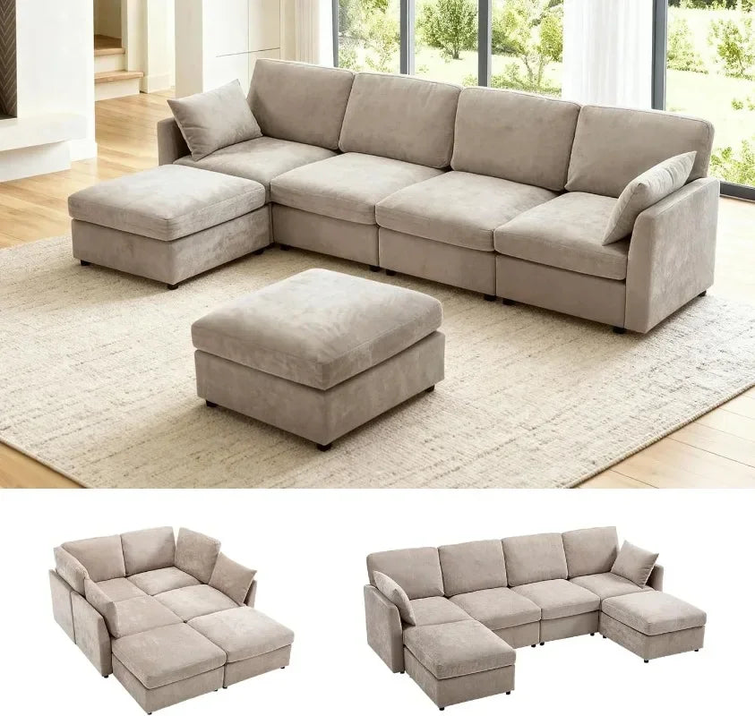 Iroomy  Modern Chenille 4 Setter Sectional, L Shaped Convertible Sofa with Ottoman