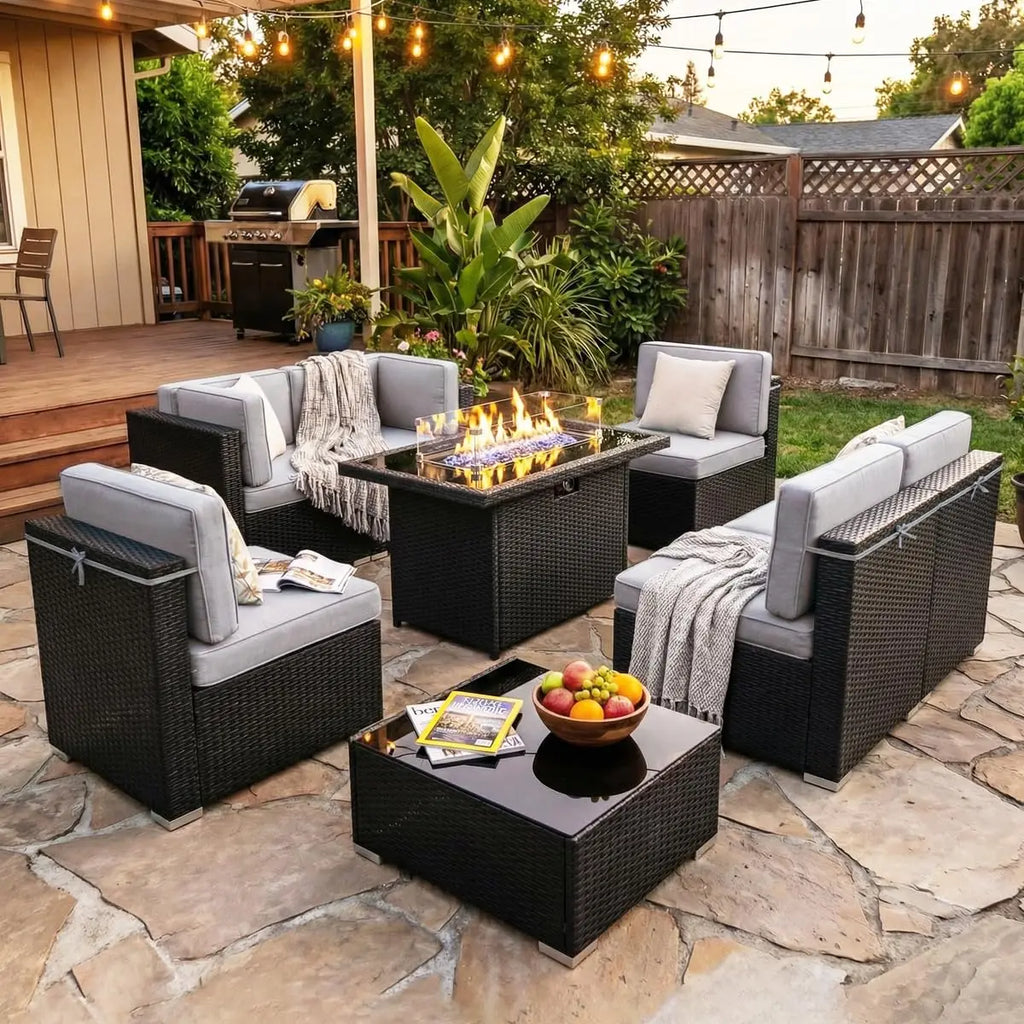 8 Pieces Outdoor Sectional Wicker Patio Furniture Set with 44" Propane Gas Fire Pit Table Customized