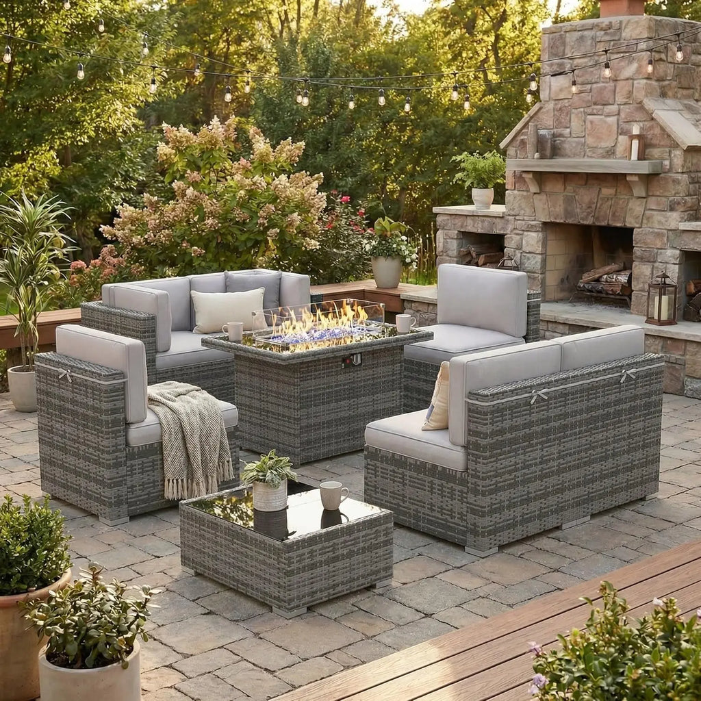 8 Pieces Outdoor Sectional Wicker Patio Furniture Set with 44" Propane Gas Fire Pit Table Customized