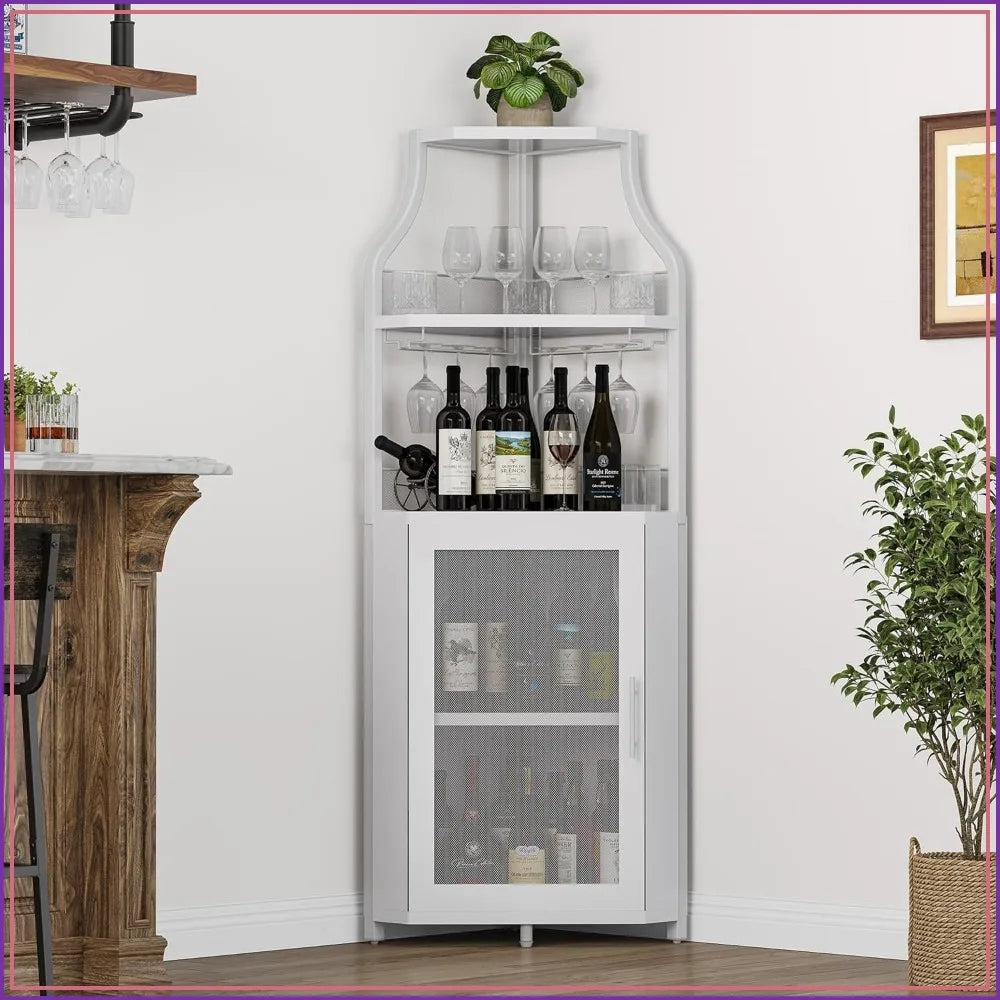5-Tier Corner Wine Cabinet with Wine Rack & Glass Holder