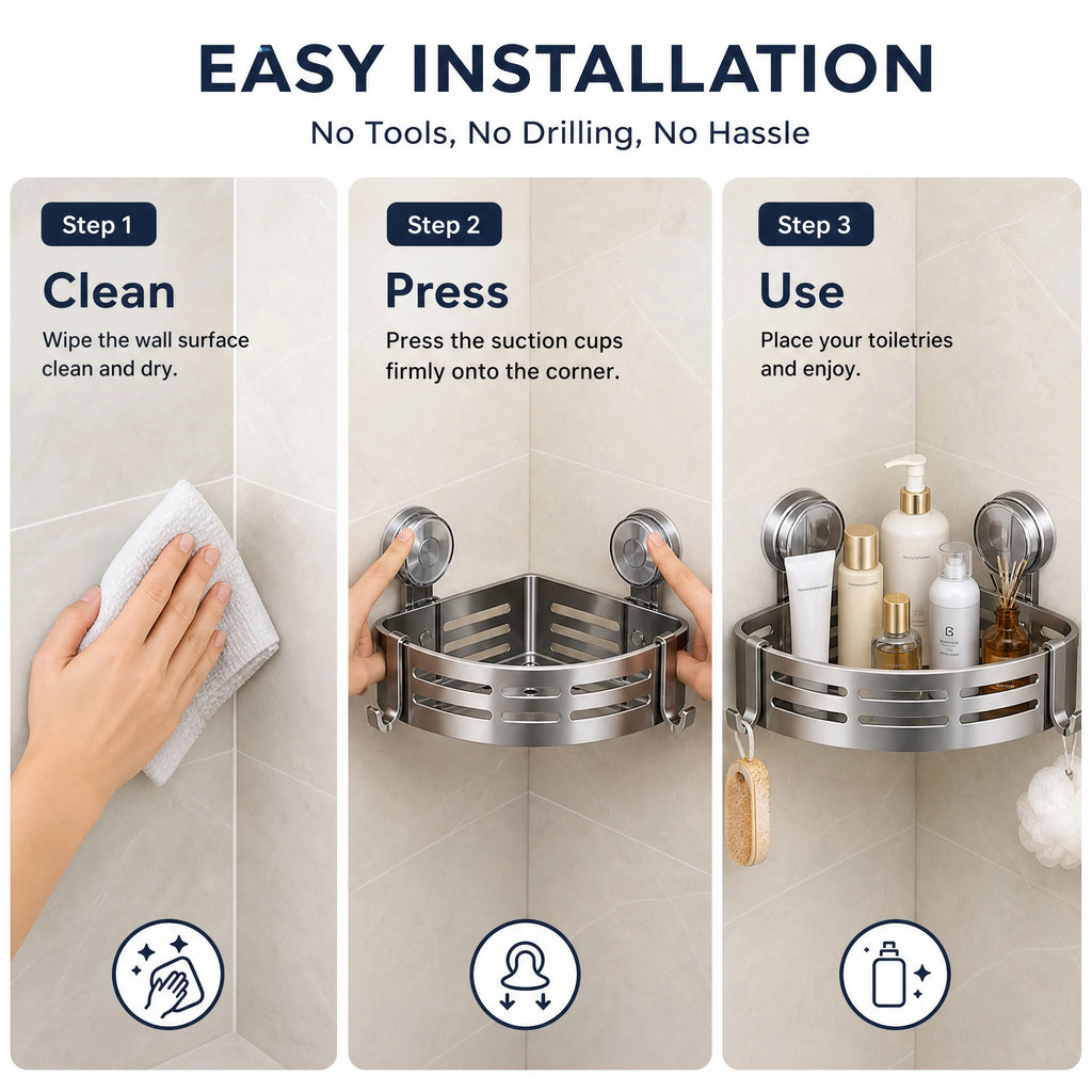 Suction Corner Space Shower Wall Mount Storage Basket