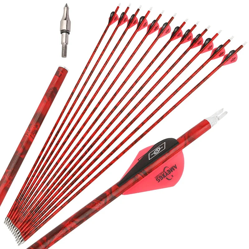 Archery Arrows 30 Inch Camo Mixed Carbon Spine 500 ID6.2mm with Rubber Vanes for Hunting