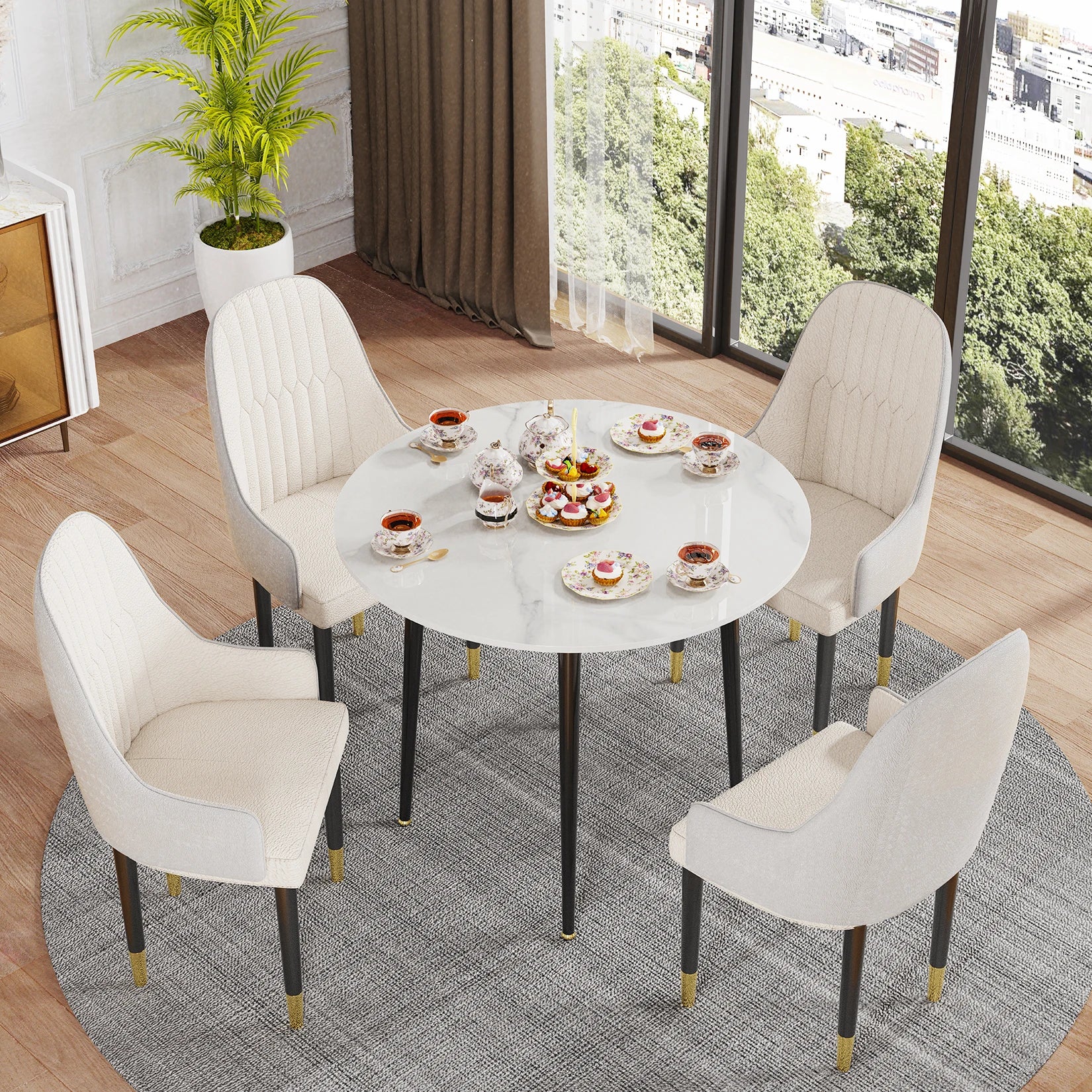 32" Round Sintered Marble/Stone Dining Table with Black Metal Legs for 2-4 People