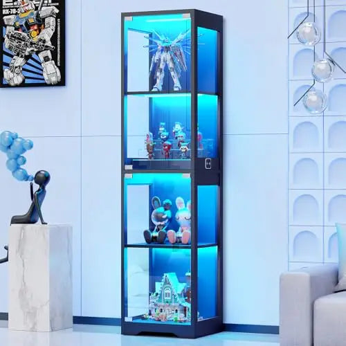 Curio Cabinet, 4-Tier Shelves, 3 Color LED Lights, with Door