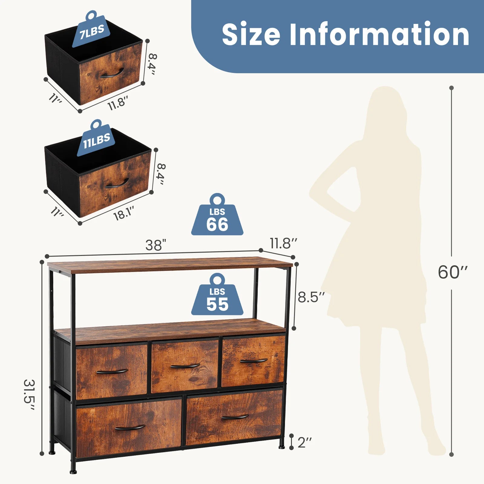 JHK  TV Stand with 5 Storage Drawers