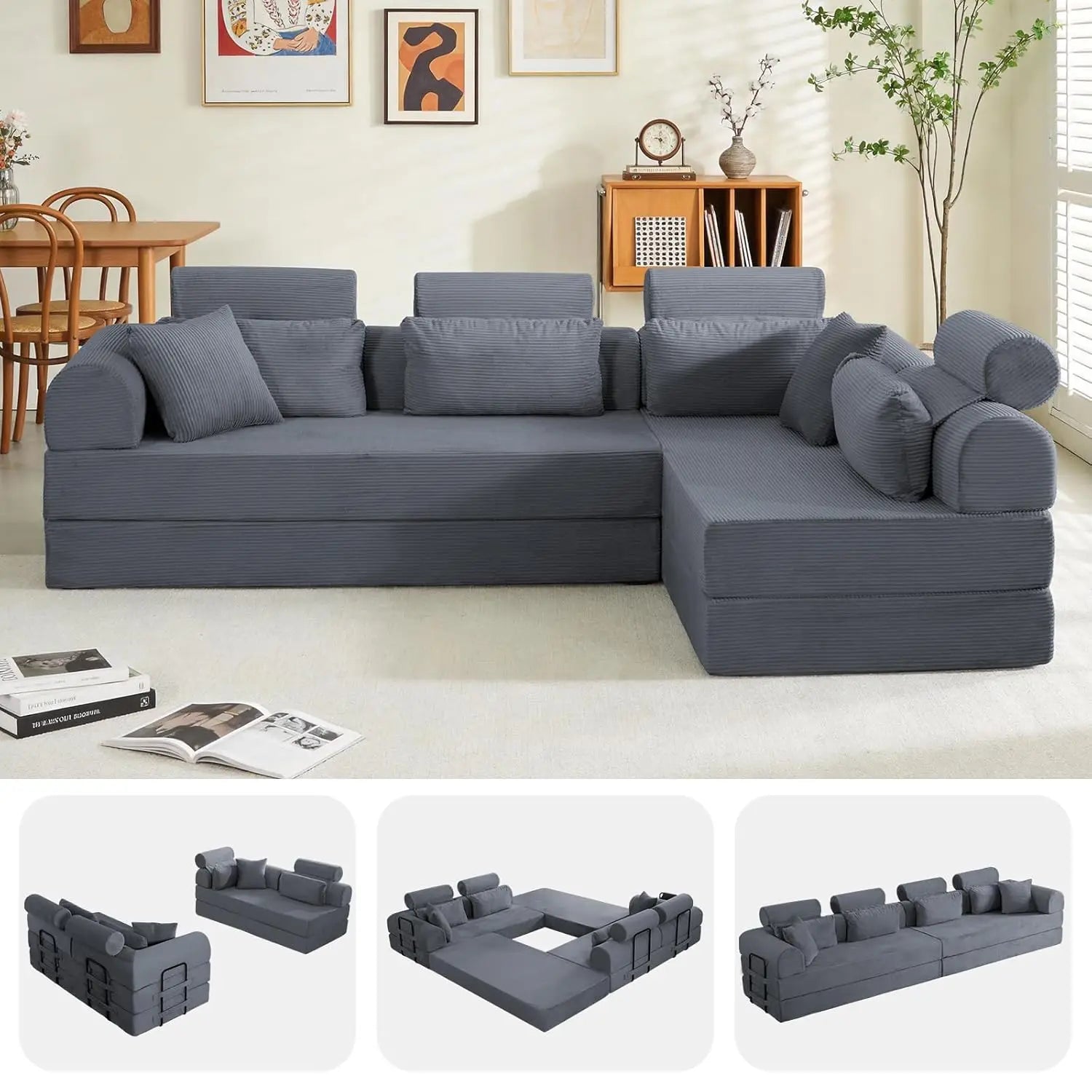 Corduroy L-Shaped Sofa with Right Facing Chaise, Boneless Couches