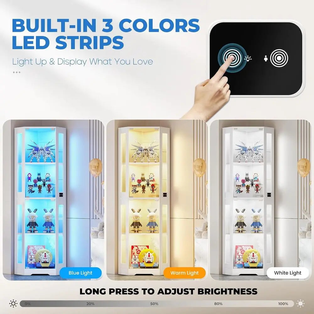65" Glass Curio Cabinet with LED Lights, 4-Tier Showcase with Glass Do& Human Body Sensor