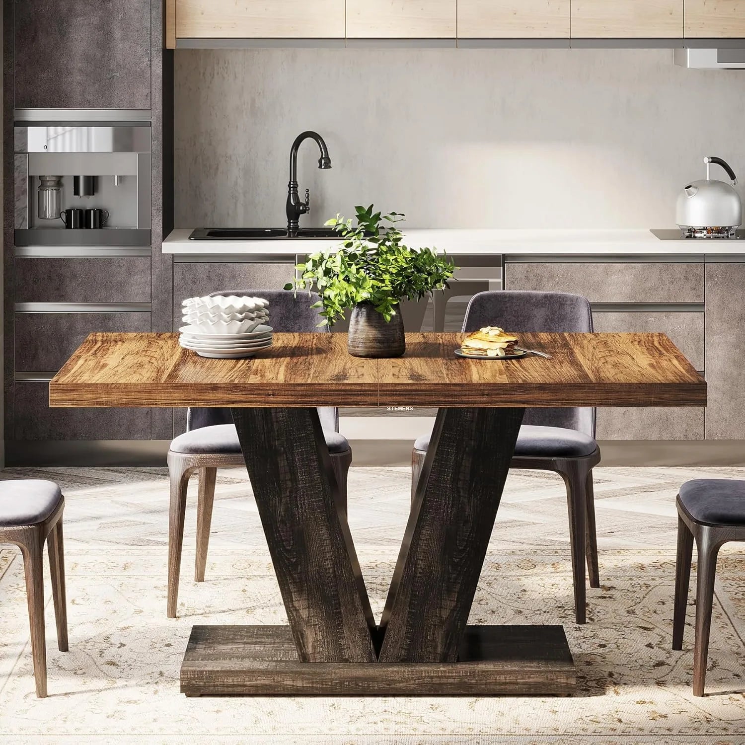 LITTLE TREE 47"Walnut Dining Table with V-Shaped Wooden Base for 4 People