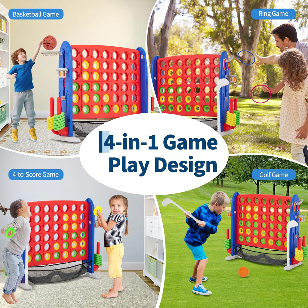 Adjustable Height Giant 4-in-1 Jumbo Connect Four with Basketball, Ring Toss, and Golf with Red Storage Bag