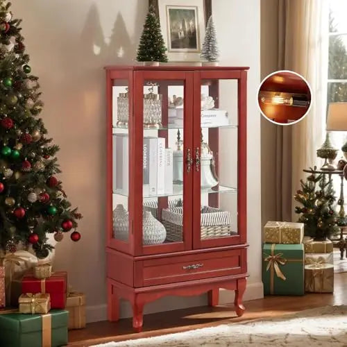 52" Lighted Accent Curio Cabinet, 3-Tier Antique Storage Cabinet with Tempered Glass Adjustable Shelves & Drawer