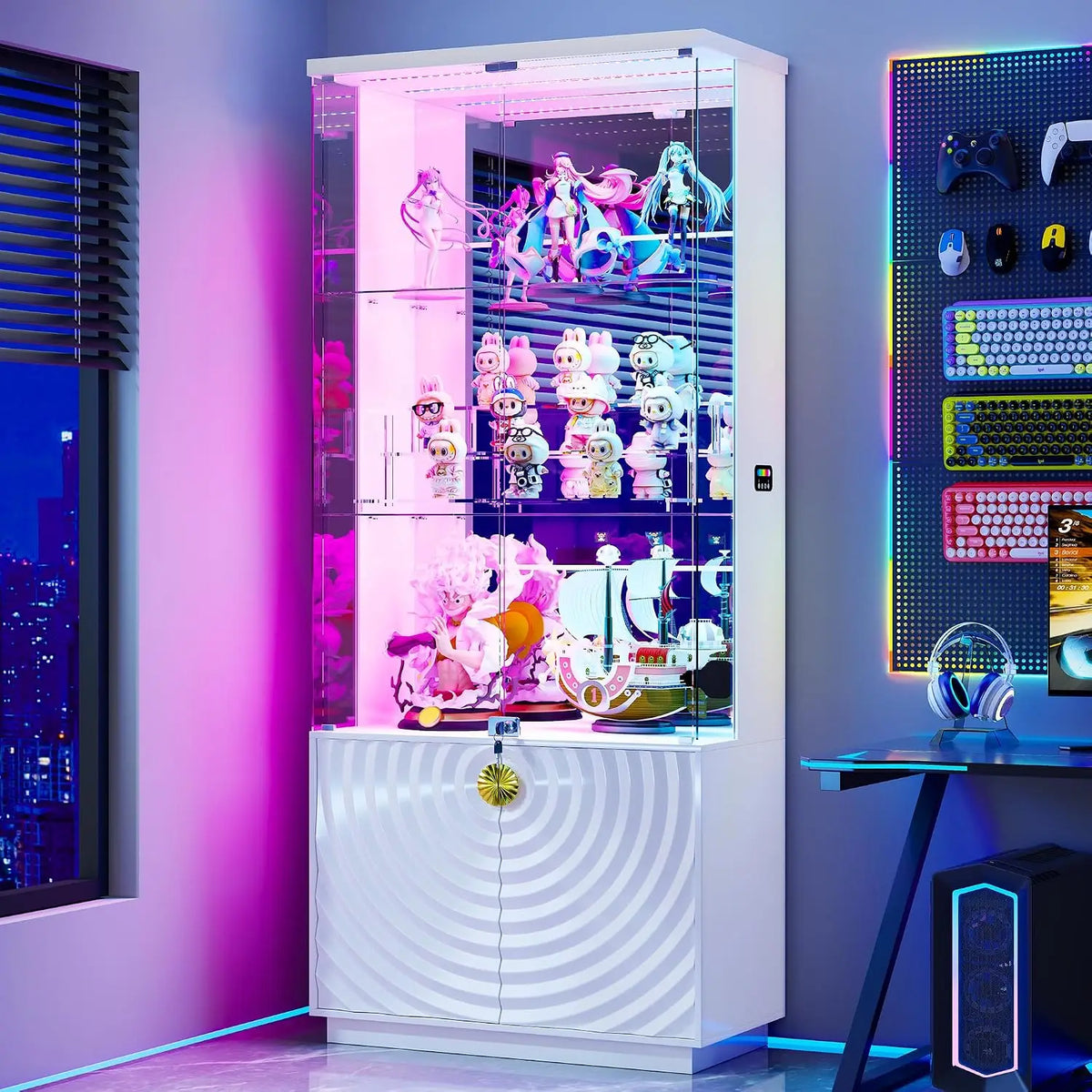 71'' Display Cabinet with Glass Doors,4-Tier Curio Cabinet with 3-Color Lights for Collectibles,Lockable Glass Display, Custom