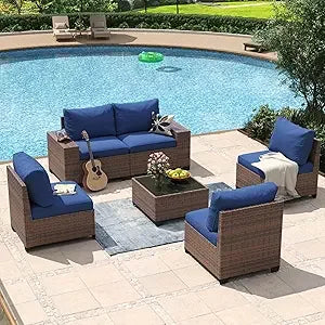 8 Piece Wicker Ratton Outdoor Sectional Patio Furniture Set with 44” Fire Pit Table