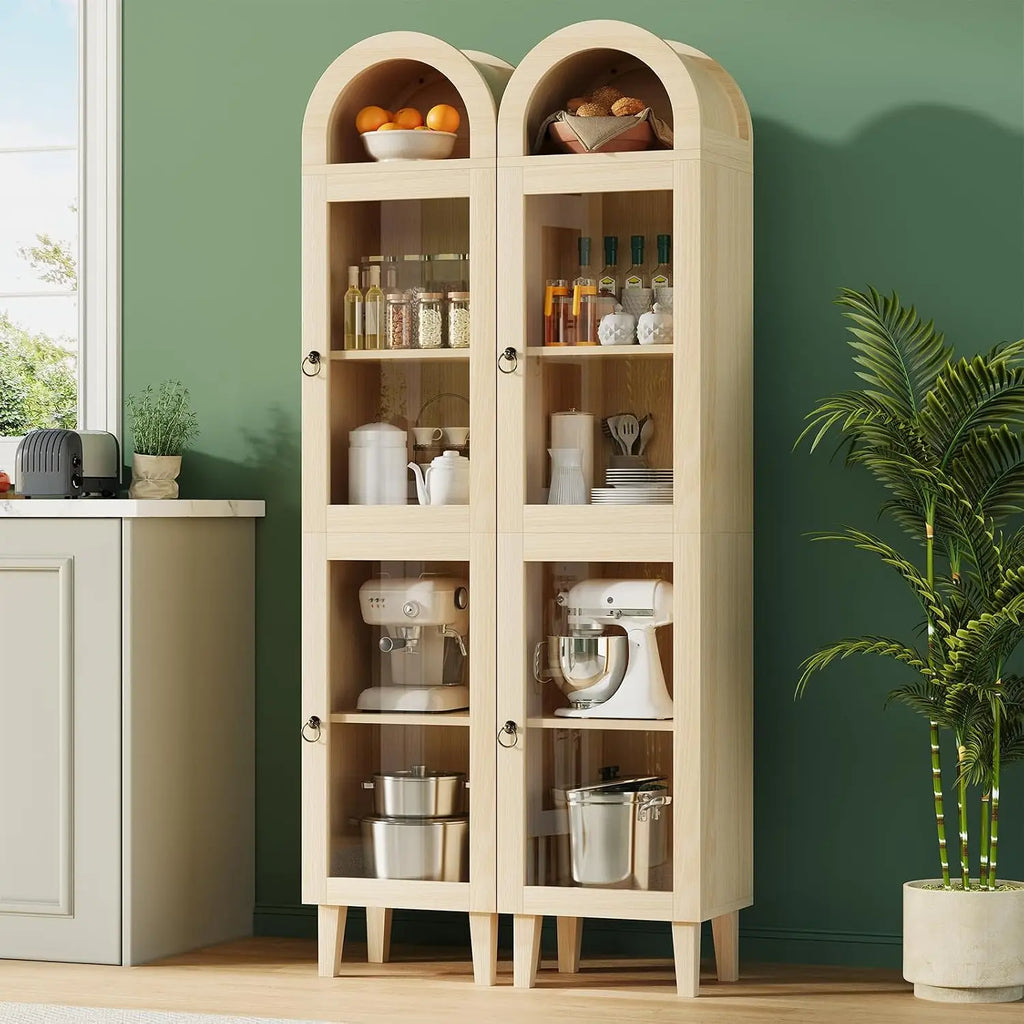 71" Tall Arched Cabinet with Acrylic Door, Modern Curio Arched Bookcase with Drawer, Display Cabinet Organizer