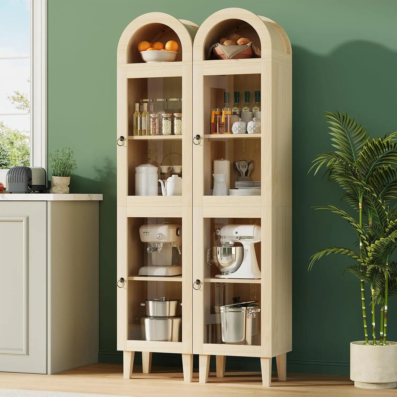 71" Tall Arched Cabinet with Acrylic Door, Modern Curio Arched Bookcase with Drawer, Display Cabinet Organizer
