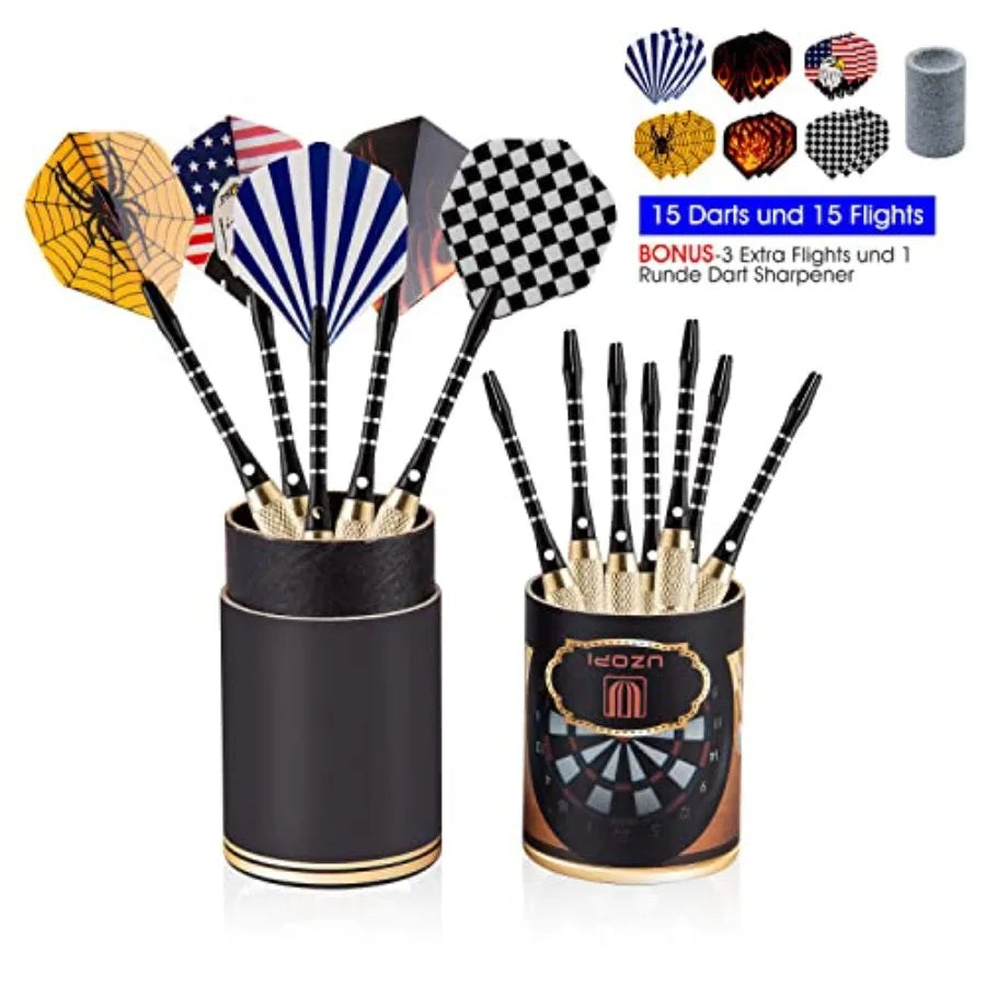 UZOPI 15 Packs Steel Tip Darts 18 Grams with Dart Sharpener, 3 Extra Flights, Aluminum Shafts, and Brass Barrels