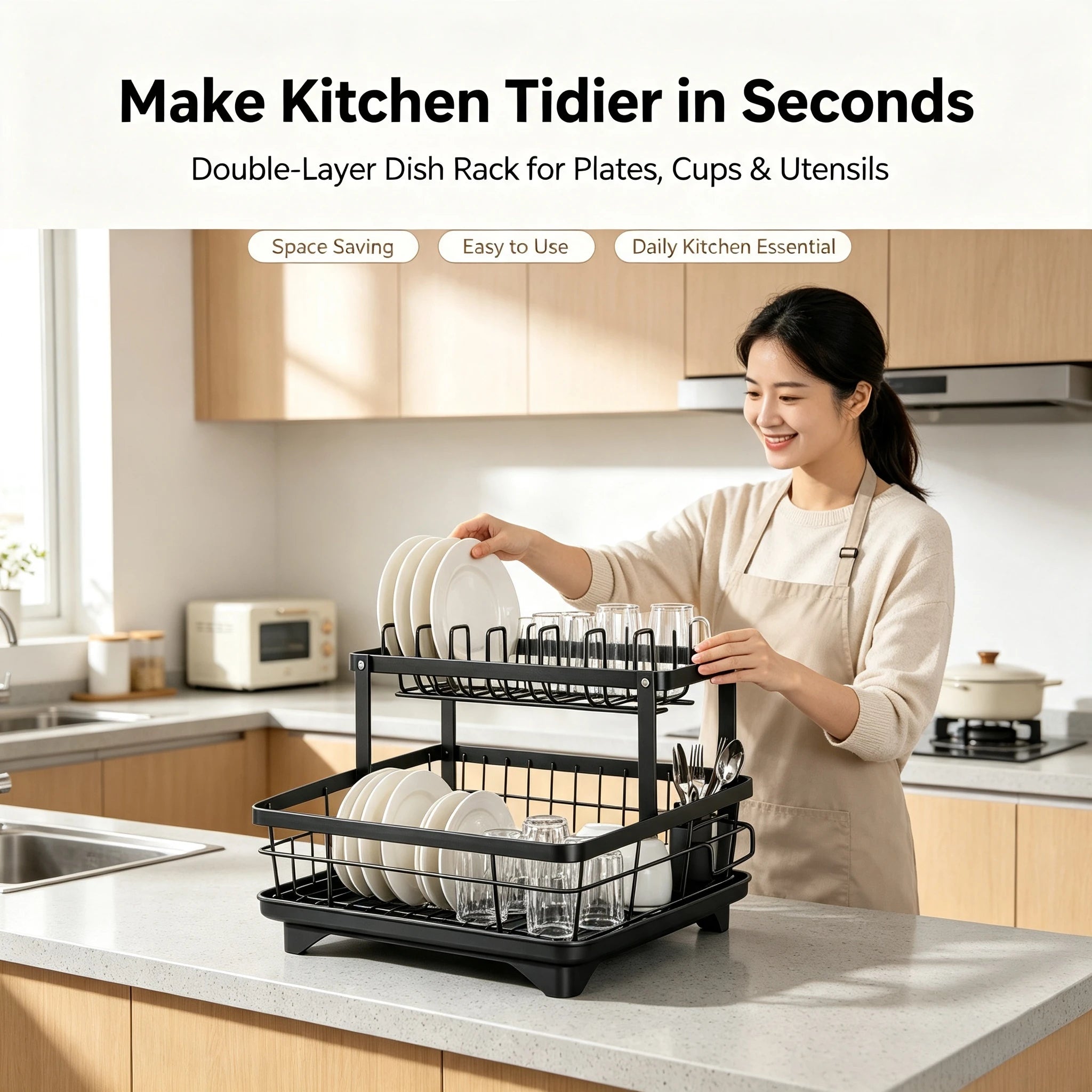 Countertop 1-Tier Black Multifunctional Metal Dish Rack